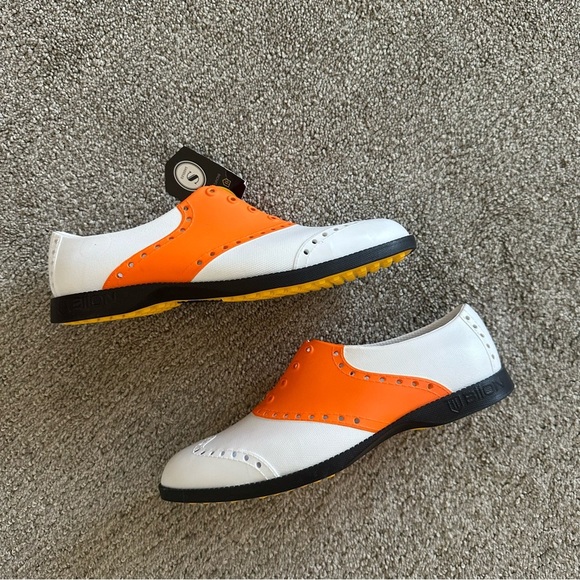 Biion The Oxford Mens 4 Women's 6 Spike-less Saddle Golf Shoes White Orange - Picture 1 of 7